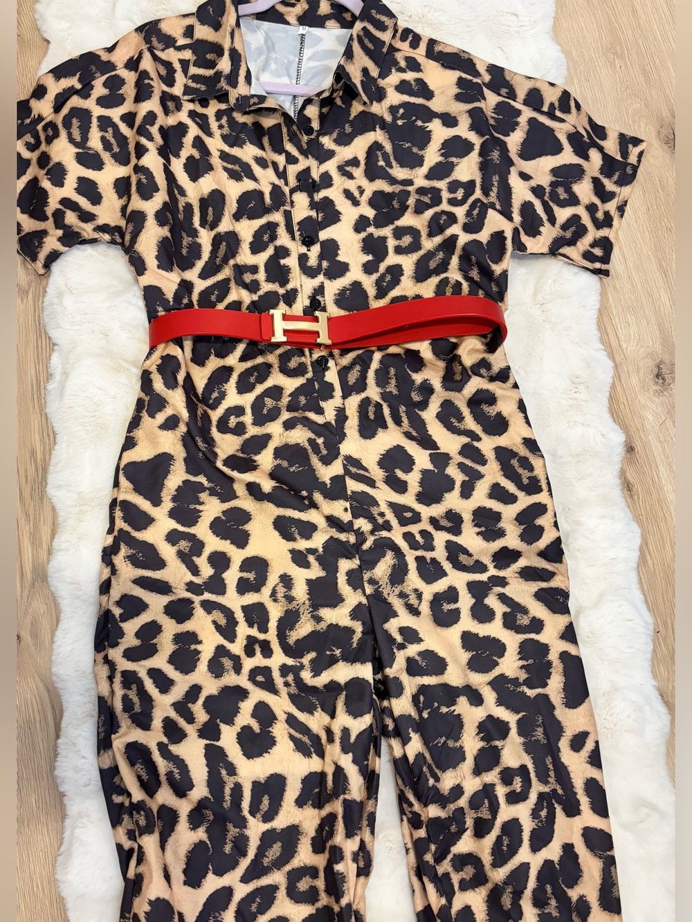 Leopard Print Short-Sleeve women One-Piece - Tan/Black, built is not included